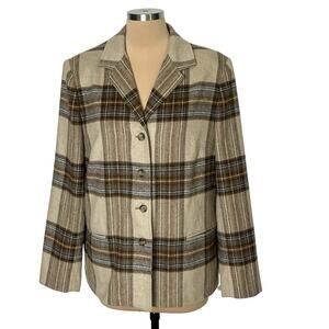 Evan Picone Blazer Jacket Women Size 12 Plaid Wool Blend Brown Career Casual Vtg